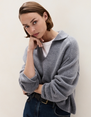 Luxury Cashmere Collared Jumper - Grey Marl