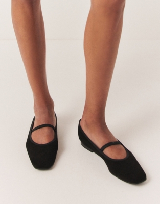 Mary Jane Square Toe Soft Suede Ballerina Flats - Black