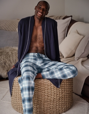 Men's Blue Check BrushedCotton Pajama Bottoms All Clothing Sale
