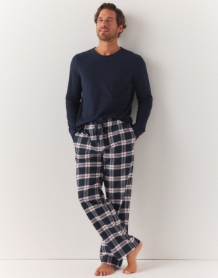 Men s Organic Brushed Cotton Navy Check Pajama Bottoms