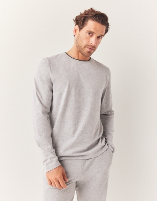 Men's Rib Trim Long Sleeve Pyjama Top - Mid Grey Marl