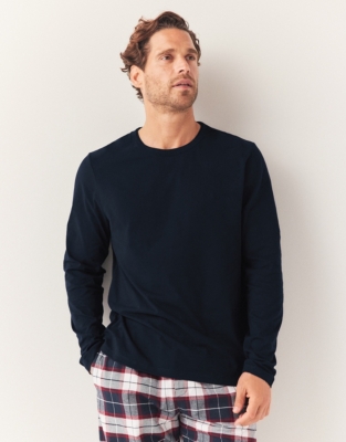 Men's Rib Trim Long Sleeve Pyjama Top - Navy