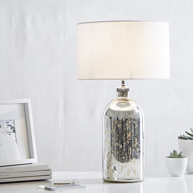 Mercury Small Bottle Table Lamp, Mercury Glass Bottle Base Table Lamp With Grey Linen Shade