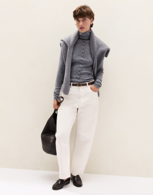 Merino Rib Detail Funnel Neck Cardigan