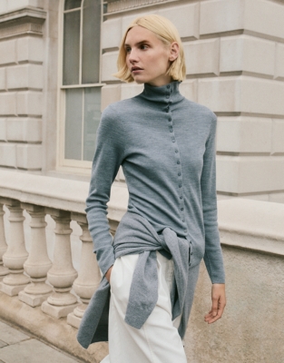 Merino Rib Detail Funnel Neck Cardigan