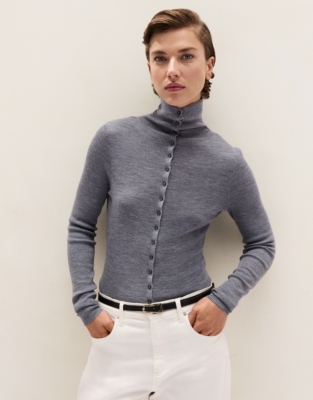 Merino Rib Detail Funnel Neck Cardigan