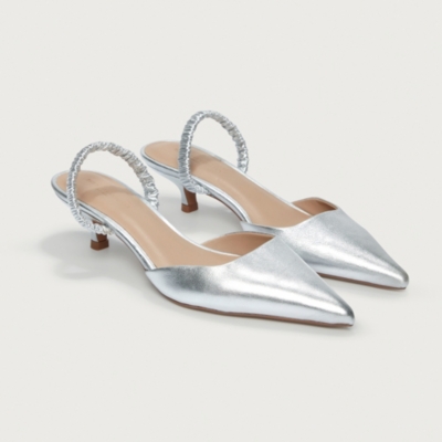 Metallic Leather Pointed Kitten Heel Slingback Shoes
