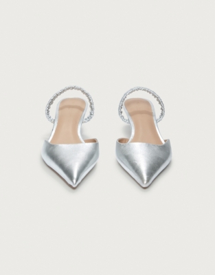 Metallic Leather Pointed Kitten Heel Slingback Shoes