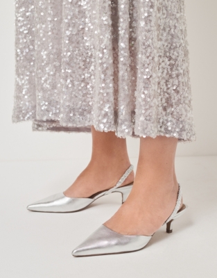 Metallic Leather Pointed Kitten Heel Slingback Shoes