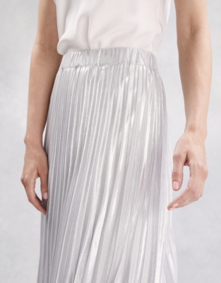 silver metallic pleated midi skirt