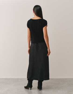 Mixed Media Extended Shoulder Knot Detail Dress - Black