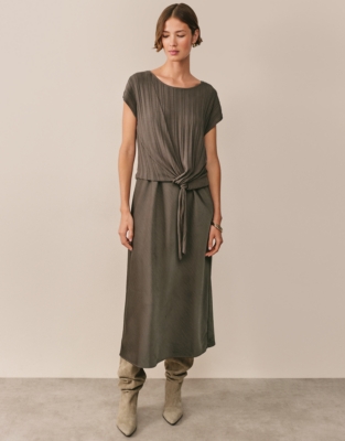 Mixed Media Extended Shoulder Knot Detail Dress - Dark Truffle