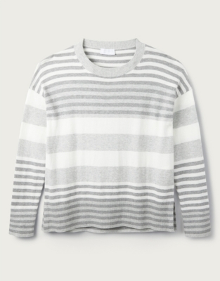 grey and white striped jumper