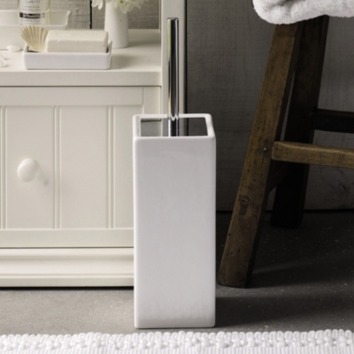 white wooden toilet brush holder