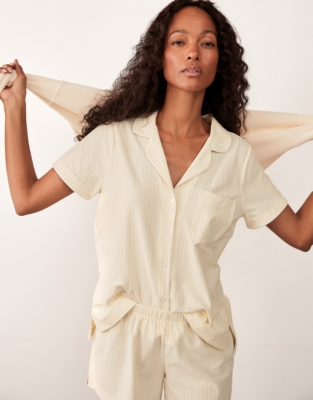 Organic Brushed Cotton Stripe Shortie Pyjama Set - Lemon Stripe