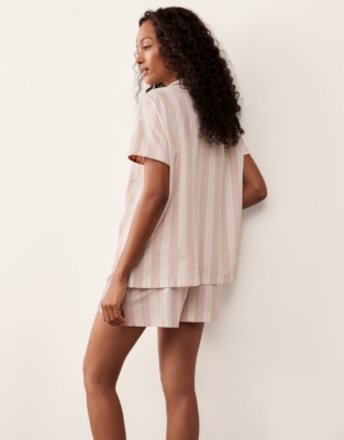 Organic Brushed Cotton Stripe Shortie Pyjama Set - Pink Stripe