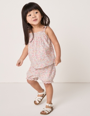 Organic Cotton ‘Manon’ Floral Shirred Tie Shoulders Top & Bloomers Set (0–24mths)
