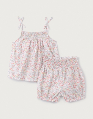 Organic Cotton ‘Manon’ Floral Shirred Tie Shoulders Top & Bloomers Set (0–24mths)