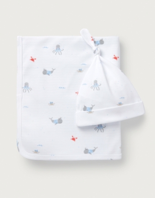 Organic Cotton Beach Friends Reversible Blanket & Hat Set (0–12mths)