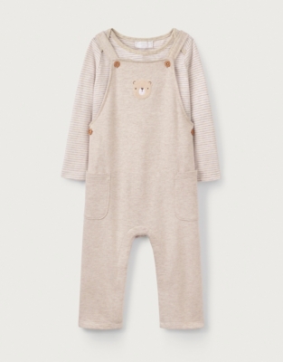 Organic Cotton Bear Dungarees & Striped Top Set (0–24mths)