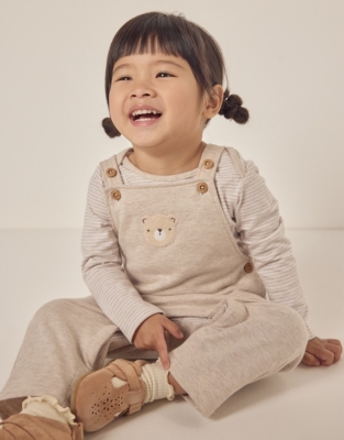Organic Cotton Bear Dungarees & Striped Top Set (0–24mths)