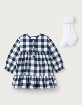 Organic Cotton Blend Gingham Dress — with Tights (0–4yrs)