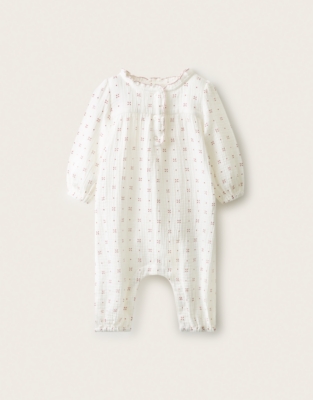 Organic-Cotton Blend Oversized Fit Cross-Stitch Romper (0–2yrs)
