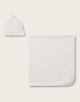 Organic Cotton Blend Pointelle Ines Floral Blanket & Hat Set (0-12mths)