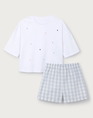 Organic Cotton Blend Relaxed Fit Heart & Gingham Shortie Pyjamas (2–12yrs)