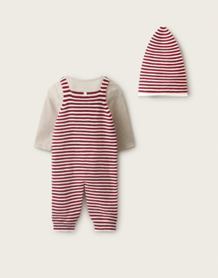  Organic-Cotton Blend Striped Dungarees T-Shirt & Hat Set (0–2yrs)