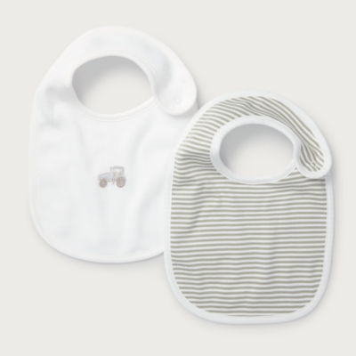 Organic Cotton Blend Tractor Embroidered & Stripe Bibs — Set of 2