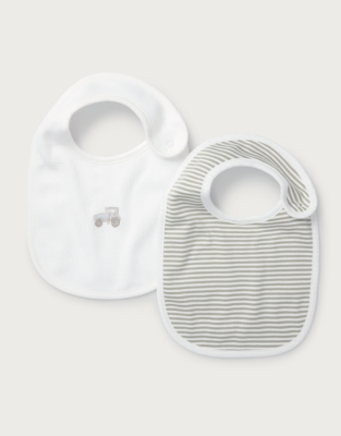 Organic Cotton Blend Tractor Embroidered & Stripe Bibs — Set of 2
