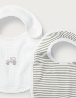 Organic Cotton Blend Tractor Embroidered & Stripe Bibs — Set of 2
