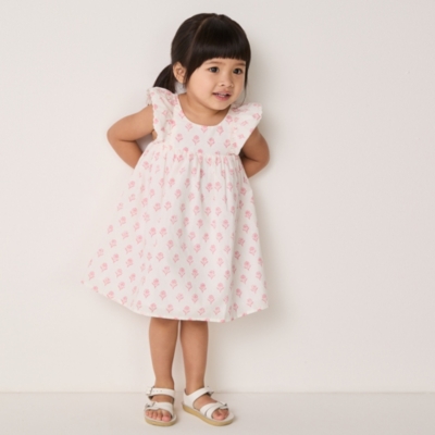 Organic Cotton Block Print Frill Shoulders Dress (0–18mths)