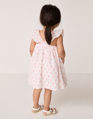 Organic Cotton Block Print Frill Shoulders Dress (0–18mths)