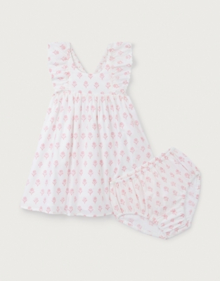Organic Cotton Block Print Frill Shoulders Dress (0–18mths)