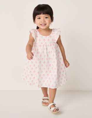 Organic Cotton Block Print Frill Shoulders Dress (0–18mths)