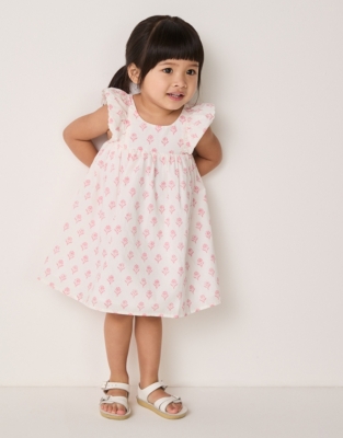 Organic Cotton Block Print Frill Shoulders Dress (0–18mths)