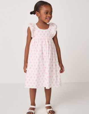 Organic Cotton Block Print Frill Shoulders Dress (18mths–6yrs)