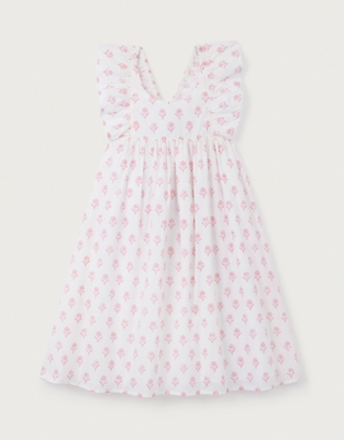 Organic Cotton Block Print Frill Shoulders Dress (18mths–6yrs)