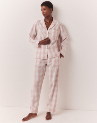 Linen-Blend Oversized Short Pajama Set in Gingham Check