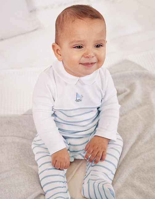 Organic-Cotton Boating Bear Embroidered Collared Sleepsuit | Baby ...