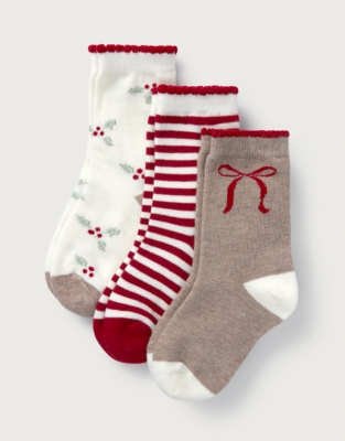 Organic Cotton Bow & Holly Socks - Set of 3 (0–4yrs)