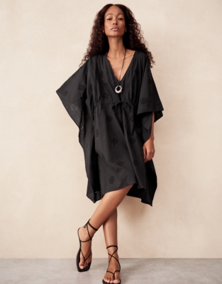 Organic Cotton Broderie Kaftan - Black