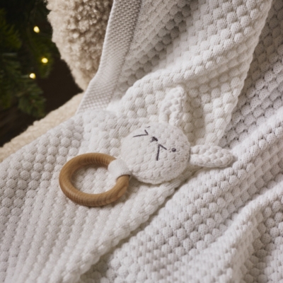 Organic Cotton Bunny Blanket & Wooden Teether Gift Set