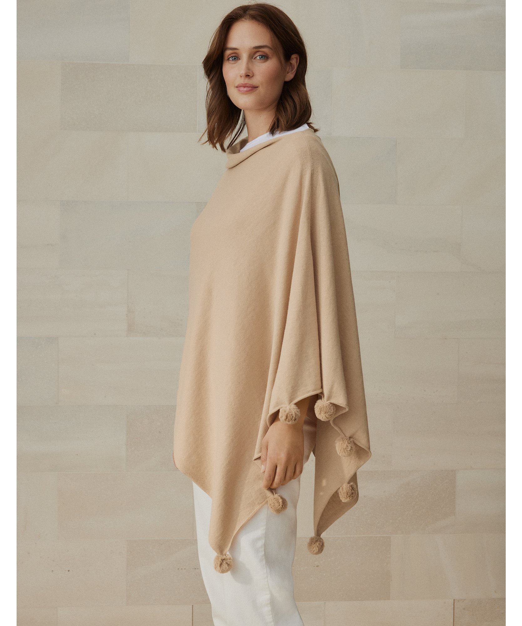 Pale Fawn The White Company Women Clothing Jackets Ponchos & Capes One Size Organic-Cotton-Cashmere Pom-Pom Poncho 
