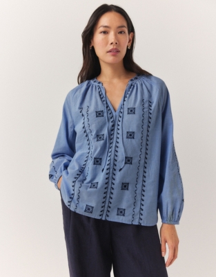 Organic Cotton Chambray Embroidered Blouse