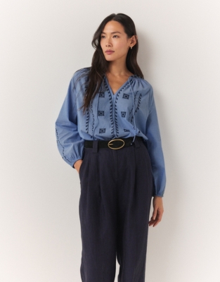 Organic Cotton Chambray Embroidered Blouse