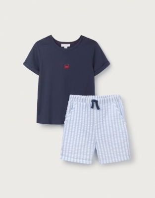 Organic Cotton Crab T-Shirt & Seersucker Stripe Shorts Set (0–18mths)
