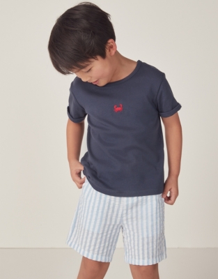 Organic Cotton Crab T-Shirt & Seersucker Stripe Shorts Set (18mths–6yrs)